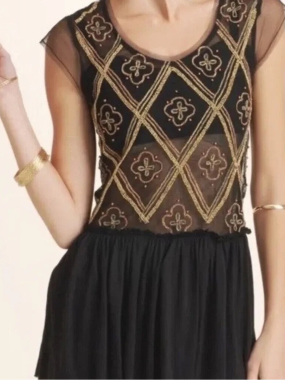 Free People Black Beaded Mesh Tank with Gold and Rose Embroidery